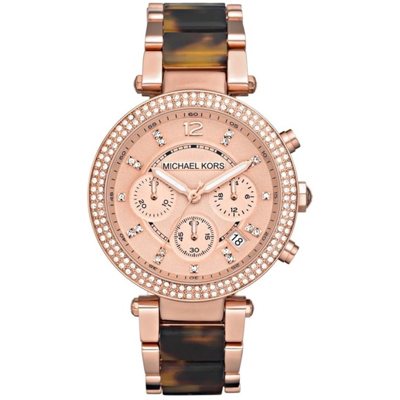 Michael Kors New Parker Rose Gold Faux Tortoise Rhinestone/Crystals Chronograph - Picture 2 of 16